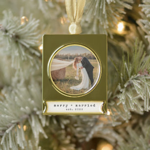 Minimalist Merry & Married First Christmas  Gold Plated Banner Ornament