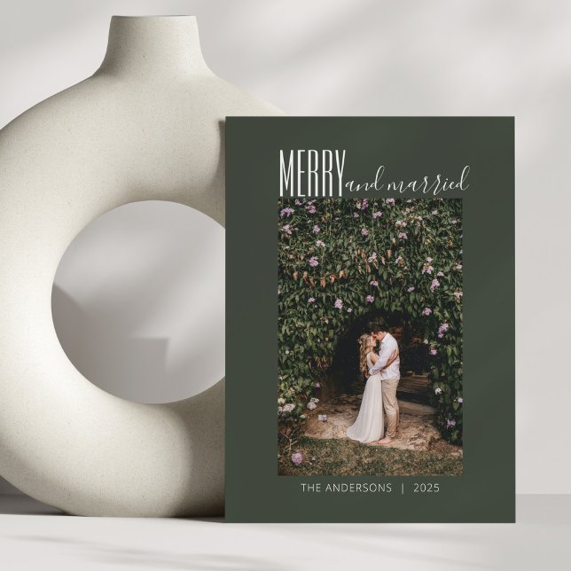 Minimalist Merry Married Wedding Photo Dark Green Holiday Card (Creator Uploaded)