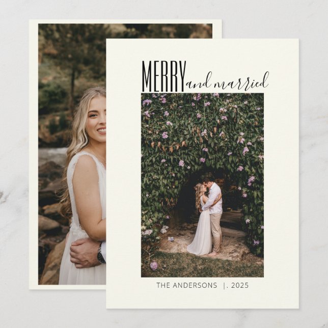 Minimalist Merry Married Wedding Two Photo  Holiday Card (Front/Back)