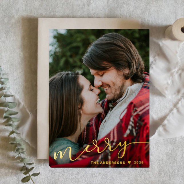 Minimalist Merry Script Photo Holiday Foil Card (Creator Uploaded)