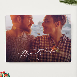 Minimalist Merry Two Photo Christmas Calligraphy Holiday Card