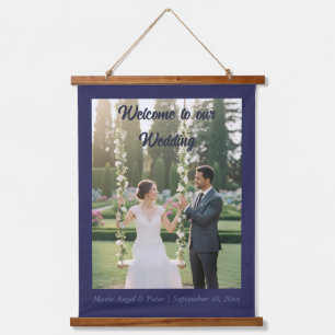 Minimalist Midnight Blue 26x36 Photo Welcome Sign Hanging Tapestry