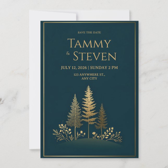 Minimalist Midnight Gold Tree Wedding Invitation (Front)