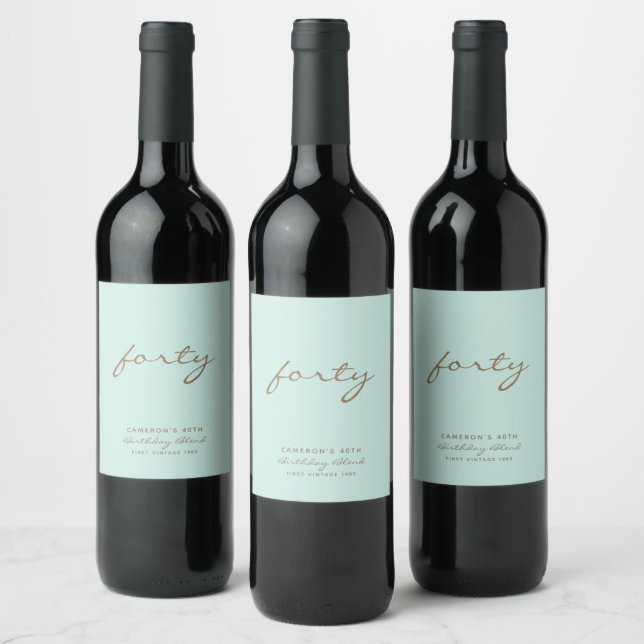 Minimalist Mint & Gold Birthday Age Wine Label (Bottles)