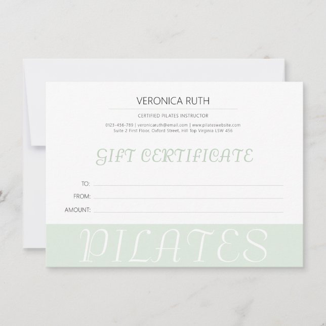 Minimalist Mint Green Pilates Gift Certificate  (Front)