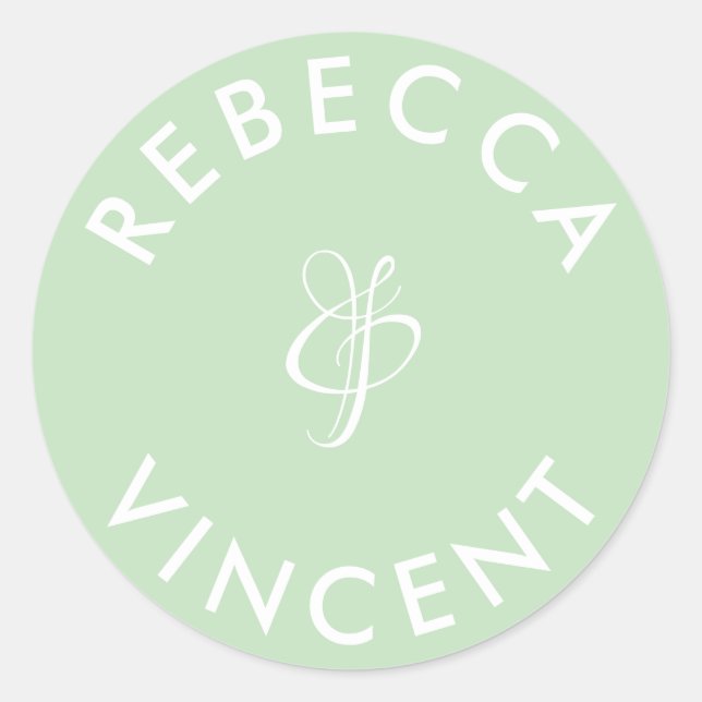 Minimalist Mint Green Wedding Personalised Names Classic Round Sticker (Front)