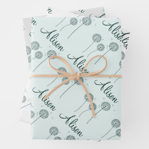 Minimalist Mint Grey White Dandelion Name Floral  Wrapping Paper Sheet