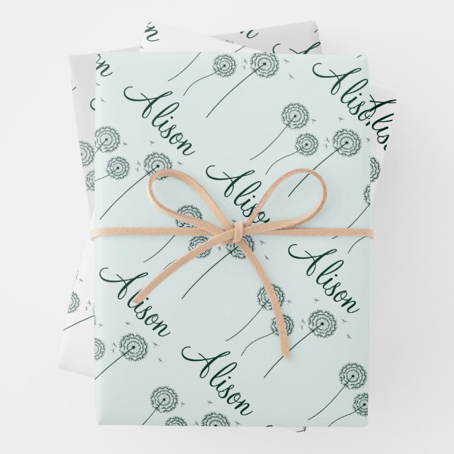 Minimalist Mint Grey White Dandelion Name Floral  Wrapping Paper Sheet (In situ)