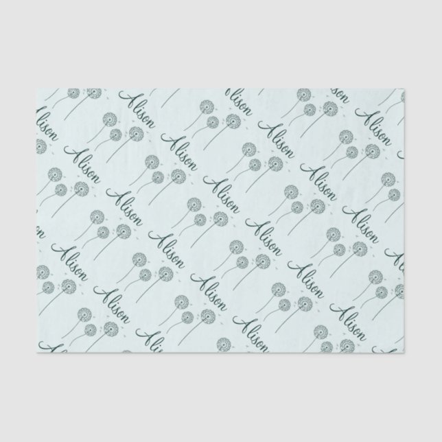 Minimalist Mint White Dandelion Name Cute Floral  Tissue Paper (Front)