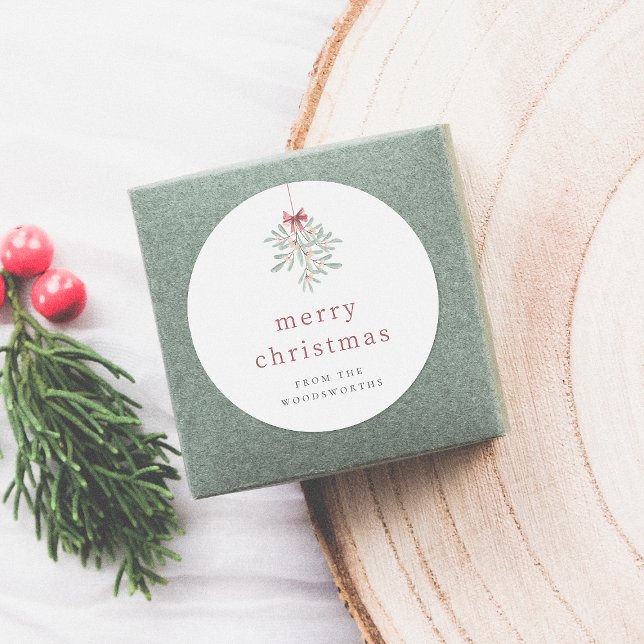 Minimalist Mistletoe Custom Christmas Family Name Classic Round Sticker (Creator Uploaded)