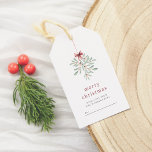 Minimalist Mistletoe Merry Christmas & Family Name Gift Tags<br><div class="desc">This elegant Christmas gift tag features a hand-painted bunch of mistletoe held together with a bow, hanging from the top of the tag. Below, "merry christmas" or the greeting of your choice is printed in minimal red typography. Below, your family name is written in serif capitals. At the bottom of...</div>