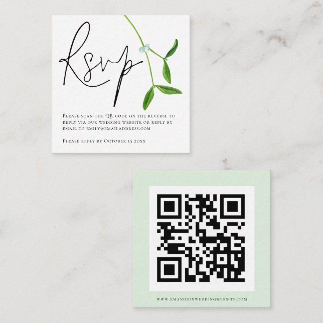 Minimalist Mistletoe Script QR Code Wedding RSVP E Enclosure Card (Front/Back)