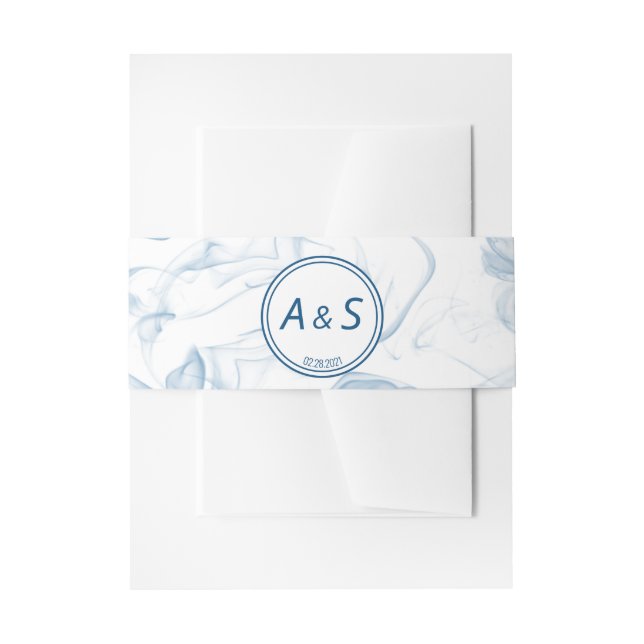 Minimalist Misty Blue White Initial Date Wedding Invitation Belly Band (Front Example)