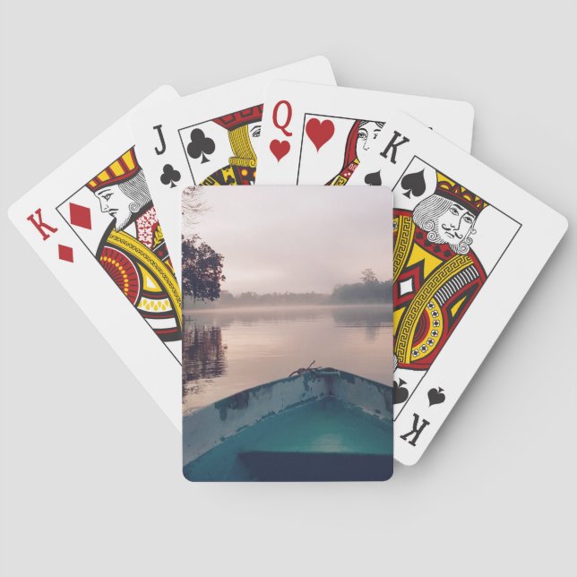 Minimalist Misty Boat on River Borneo Travel Photo Playing Cards (Back)
