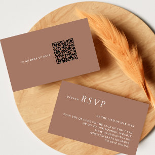 Minimalist Mocha Brown White QR Code Wedding RSVP Enclosure Card