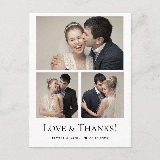 Minimalist Modern 3 photos Wedding thank you Postcard (Front)