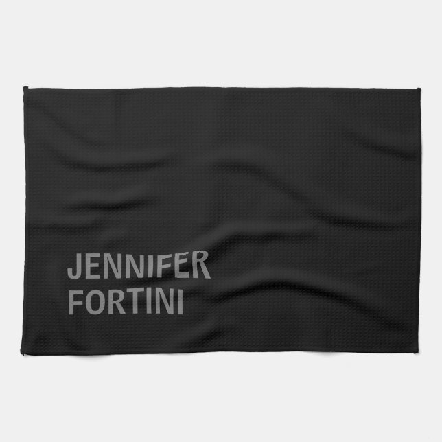 Minimalist Modern Add Your Name Black Grey Tea Towel (Horizontal)