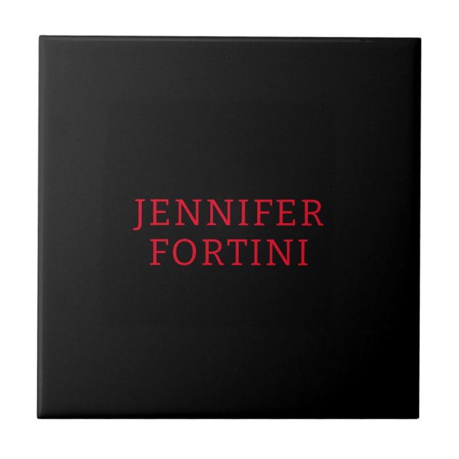 Minimalist Modern Add Your Name Black Red Tile (Front)