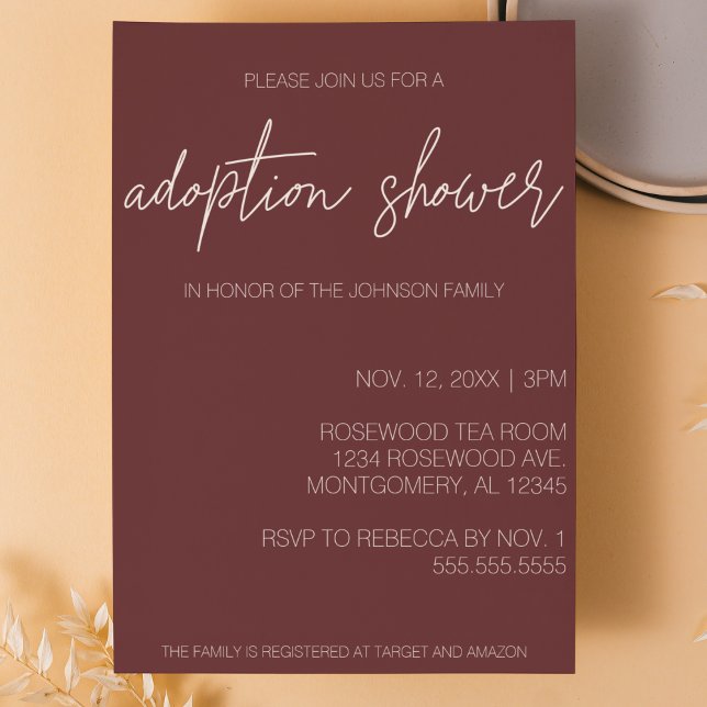 Minimalist Modern Adoption Baby/Child Shower Invitation (minimalist simple script adoption shower invitation marron red custom invite baby or child shower)