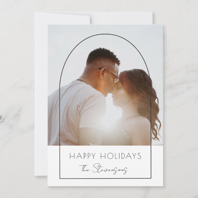 Minimalist Modern Arch Photo Happy Holiday Card (Front)