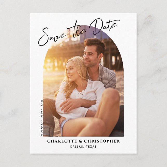 Minimalist Modern Arch Photo Save The Date Announcement Postcard (Front)