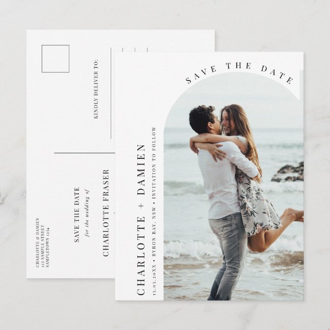 Minimalist modern arch photo Save the Date Postcard (Front/Back)