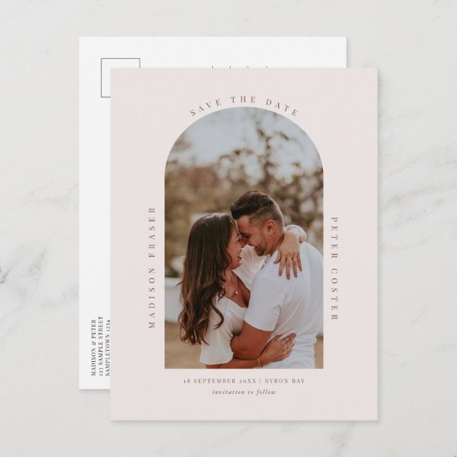 Minimalist modern arch photo Save the Date Postcard (Front/Back)