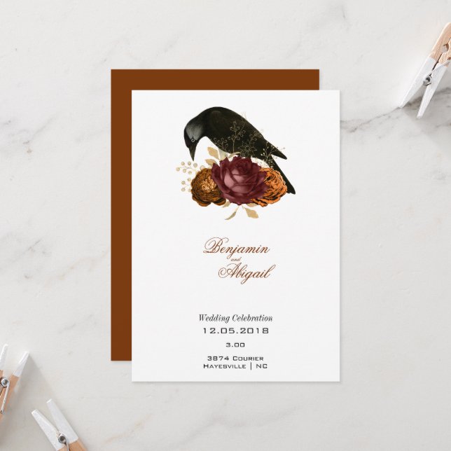 Minimalist Modern Autumn Rose Gothic Raven Invitation (Front/Back In Situ)