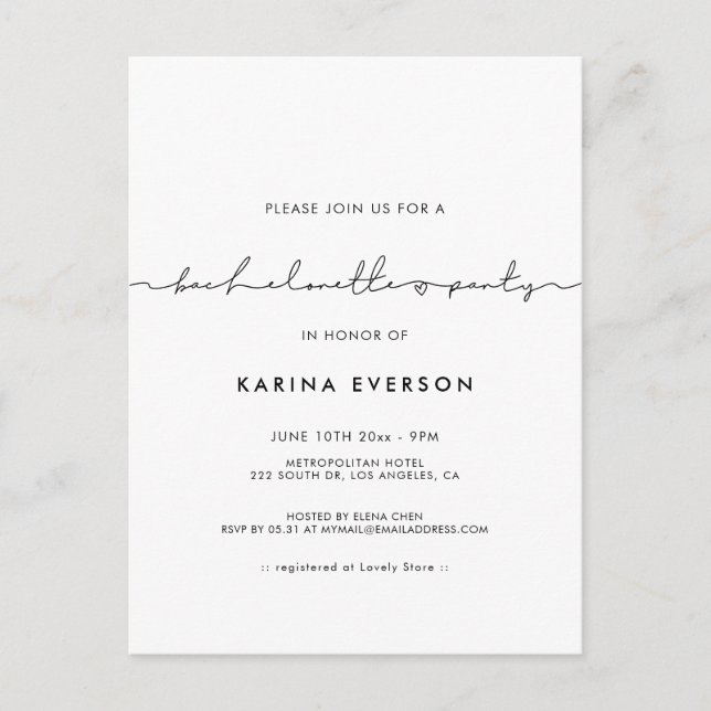 Minimalist modern Bachelorette Party Invitation Postcard (Front)