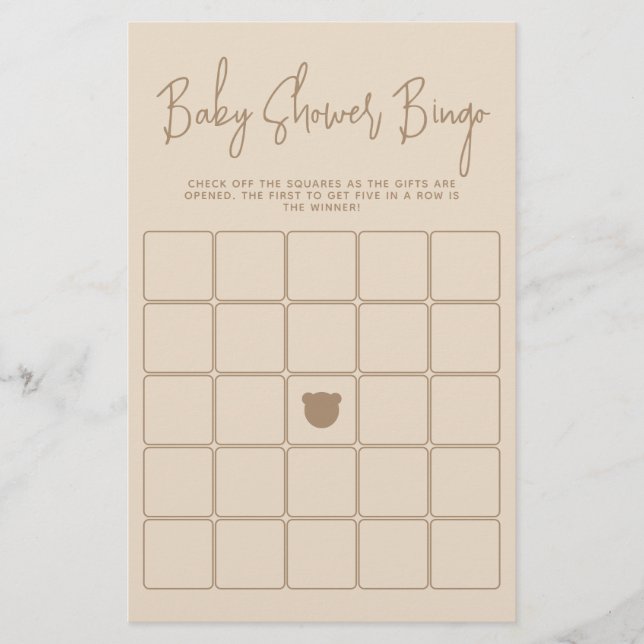 Minimalist modern bear Baby Shower Bingo Game (Front)