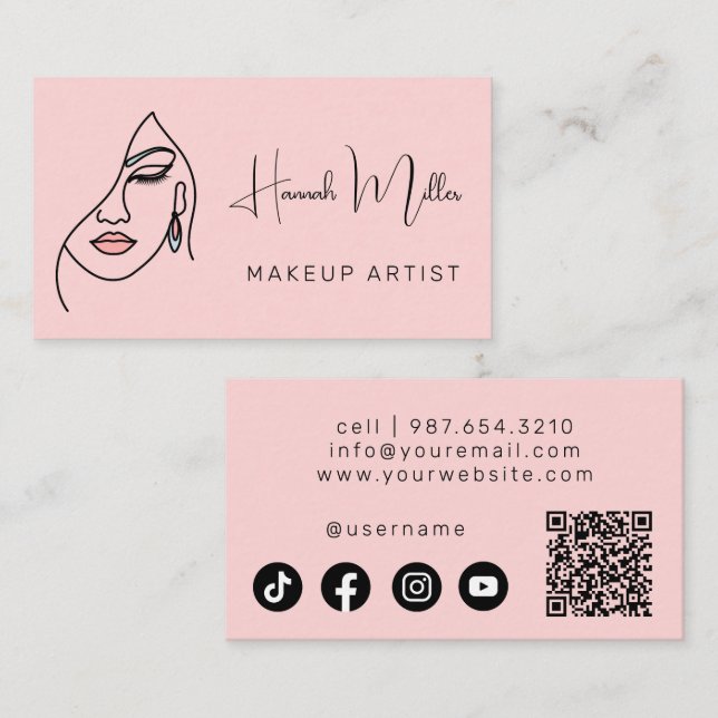Minimalist Modern Beauty Face Logo Makeup Artist Business Card (Front/Back)