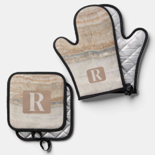 Minimalist Modern Beige Marble Initial Monogram Oven Mitt & Pot Holder Set