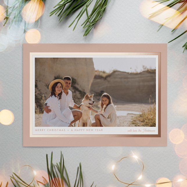 Minimalist Modern Beige Pink 1 Photo Real  Foil Holiday Card (Creator Uploaded)