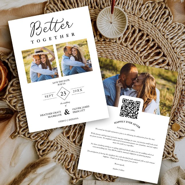 Minimalist Modern Better Together Quote 3 Photos Save The Date (Minimalist Modern Better Together Quote 3 Photos wedding Save the Date Card with Envelope. )