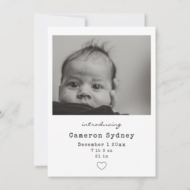 Minimalist Modern Black and White Baby Photo Birth Announcement (Front)