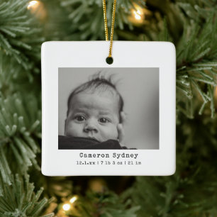 Minimalist Modern Black and White Baby Photo Birth Ceramic Ornament