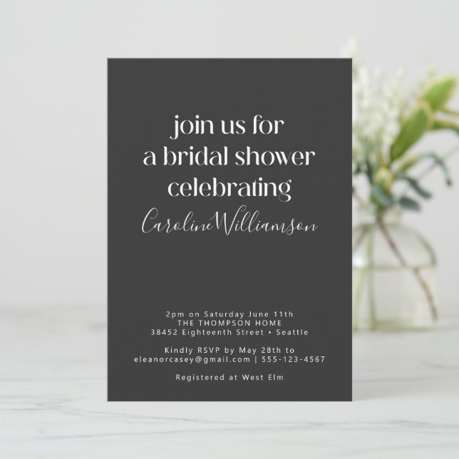 Minimalist Modern Black and White Bridal Shower Invitation (Standing Front)