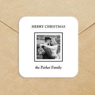 Minimalist Modern Black and White Photo Christmas Square Sticker