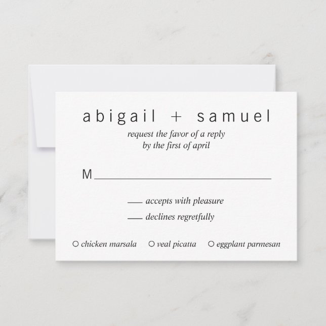 Minimalist Modern Black and White Wedding RSVP Card (Front)