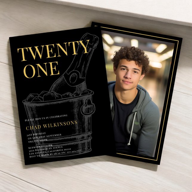 Minimalist modern Black Gold  photo 21st Birthday  Invitation (boys 21st birthday invitation in gold and black , celebrate in style , fully editable)