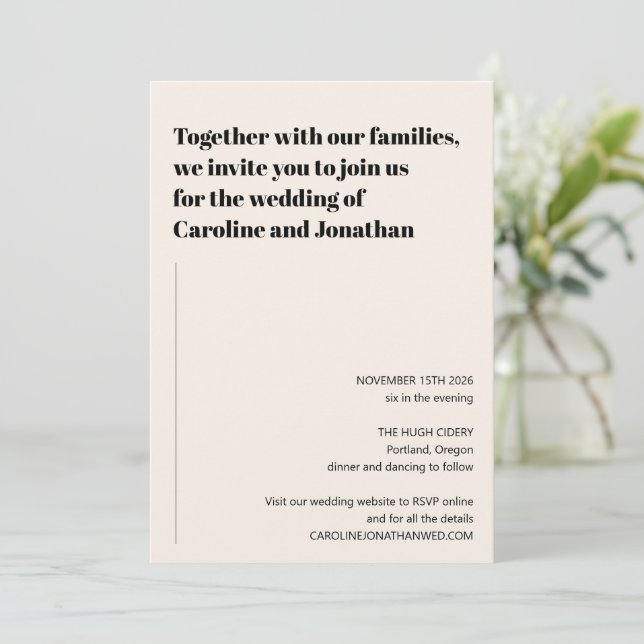 Minimalist Modern Black Ivory Simple Wedding Invitation (Standing Front)