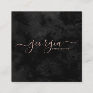 Minimalist Modern Black & Rose Gold Signature Square Business Card