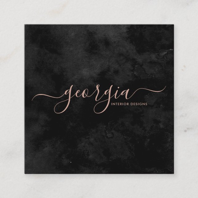 Minimalist Modern Black & Rose Gold Signature Square Business Card (Front)