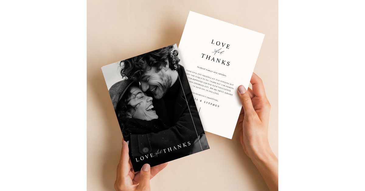 Minimalist Modern Black Script Photo Wedding Thank You Card | Zazzle