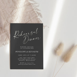 Minimalist Modern Black Script Rehearsal Dinner Invitation
