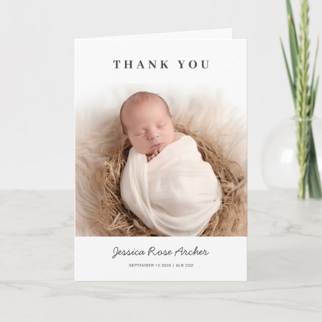 Minimalist Modern Black Typography Baby Photo Thank You Card (Front)