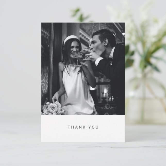 Minimalist Modern Black Typography Photo Wedding Thank You Card (Standing Front)