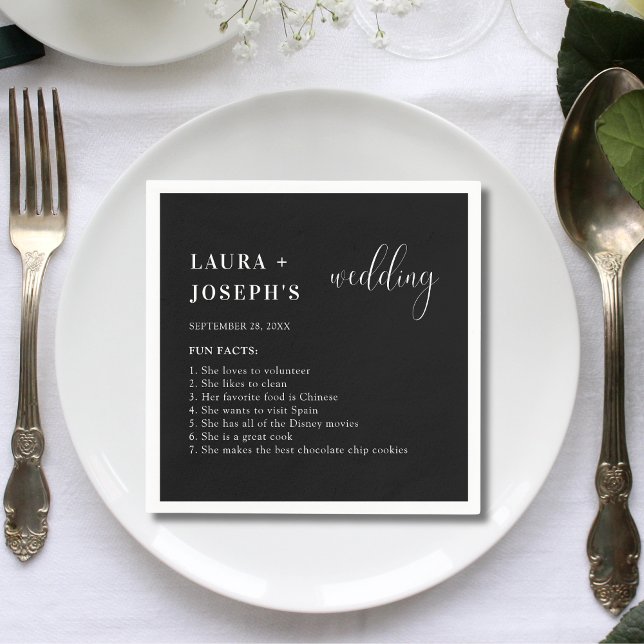 Minimalist Modern Black Wedding Fun Facts Napkin (Creator Uploaded)