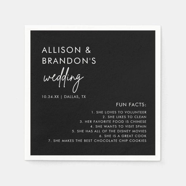 Minimalist Modern Black Wedding Fun Facts Napkins (Front)
