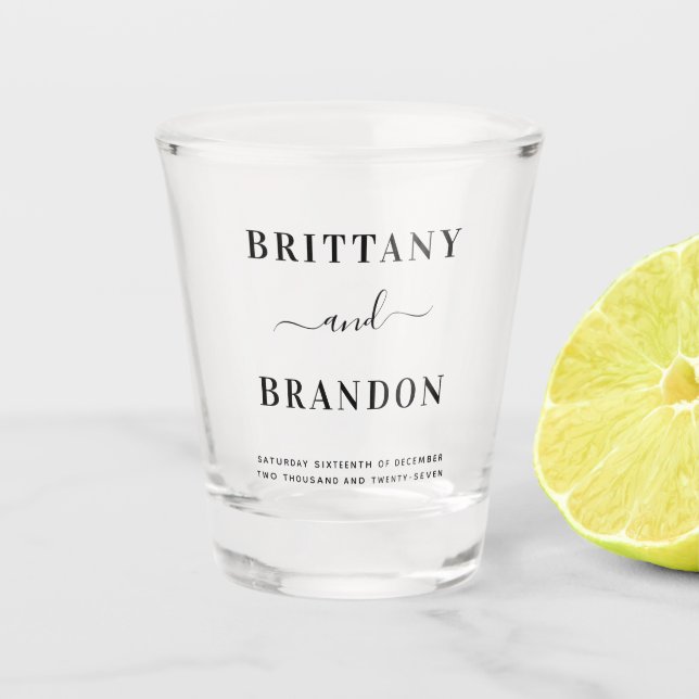 Minimalist Modern Black Wedding Shot Glass (Front)